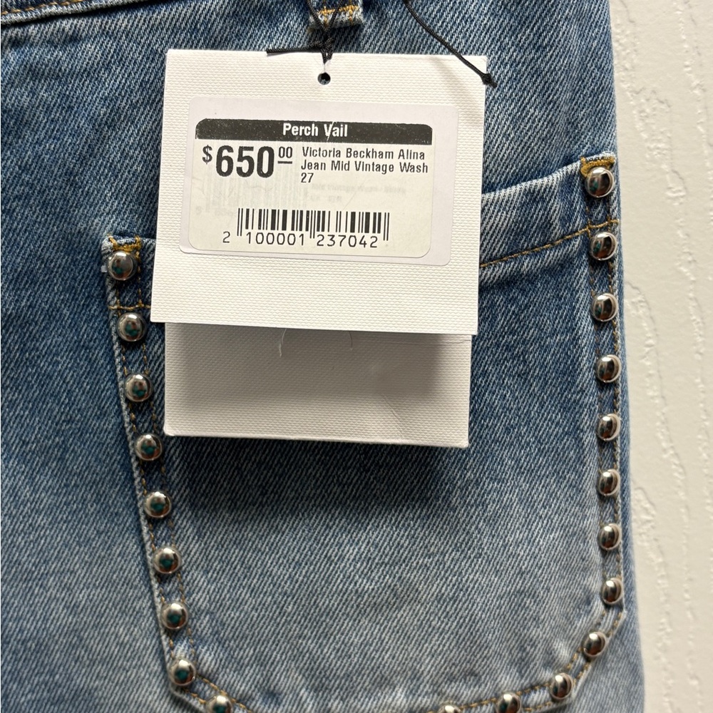 Victoria Beckham Alina Jean Wide Leg Mid Vintage Wash Studded Denim - Picture 7 of 9